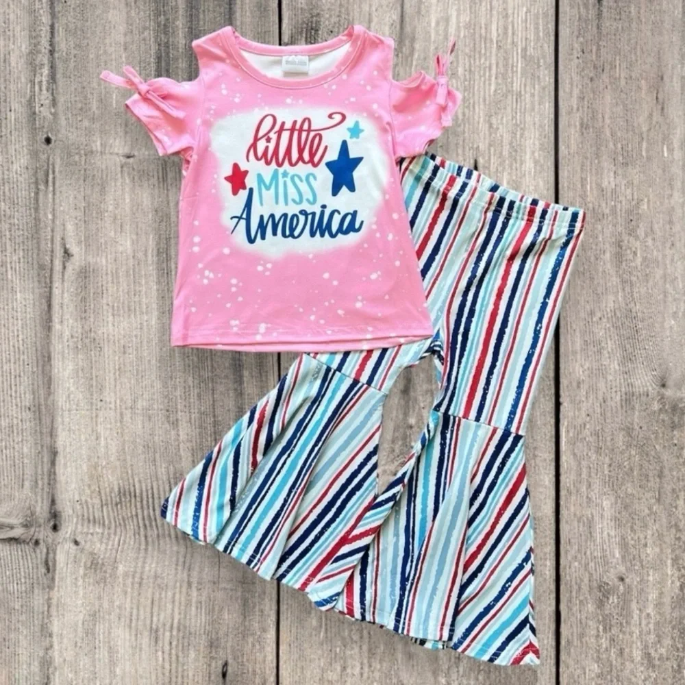 New Boutique Girls “Little Miss America” Cold Shoulder Two Piece Flare Pant Set.